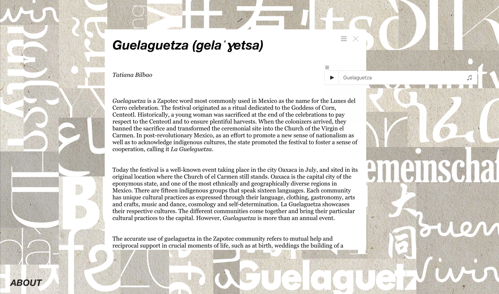 Exhibition website, displaying the essay of Guelaguetza by Tatiana Bilbao