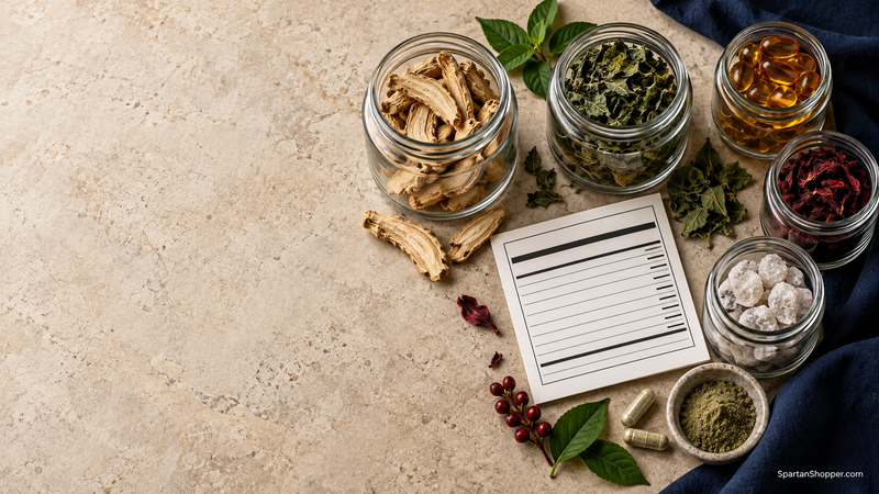 Botanical roots, leaves, minerals, and a blank supplement facts card arranged on stone.