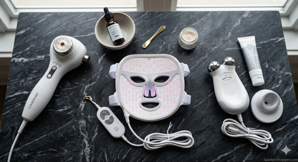 Best at-home skin devices 2026 — LYMA cold laser, NuFACE microcurrent, and CurrentBody LED therapy devices on marble surface