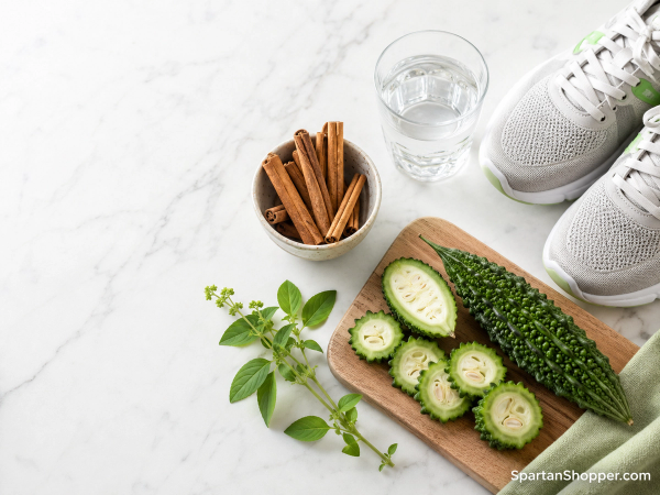 Cinnamon sticks, bitter melon, fresh herbs, and running shoes flat lay on white marble — natural methods to lower blood sugar