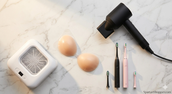 Amazon promo code deals June 2026 — ionic hair dryer, nail dust collector, adhesive bra, and electric toothbrush flat lay on white marble