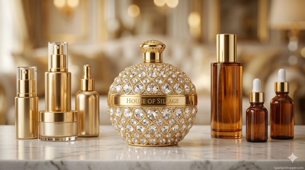 Luxury House of Sillage crystal flacon surrounded by gold skincare bottles on white marble