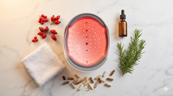 iRestore laser hair growth helmet alongside hair wellness supplements on a clean white surface.