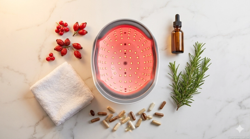 iRestore laser hair growth helmet alongside hair wellness supplements on a clean white surface — tools for combating thinning hair at home.