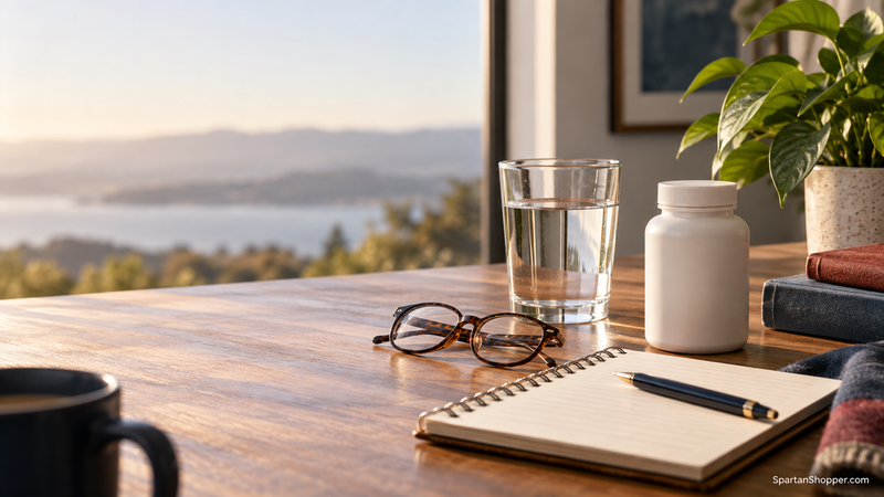 Notebook, water, reading glasses, and an unbranded supplement bottle on a sunlit desk.