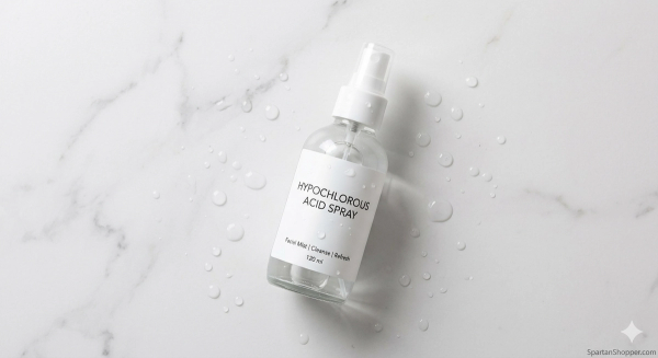 Hypochlorous acid spray bottle on white marble with water droplets — best HOCl facial mist for acne, redness, and sensitive skin 2026