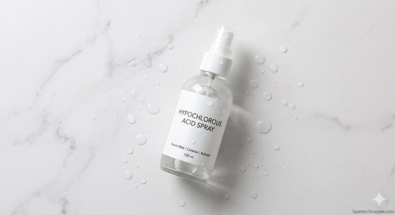 Hypochlorous acid spray bottle on white marble with water droplets — best HOCl facial mist for acne, redness, and sensitive skin 2026