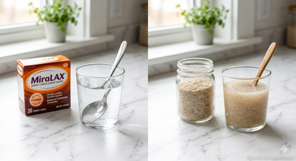 MiraLax powder laxative next to a jar of psyllium husk powder on a marble countertop for a side-by-side comparison