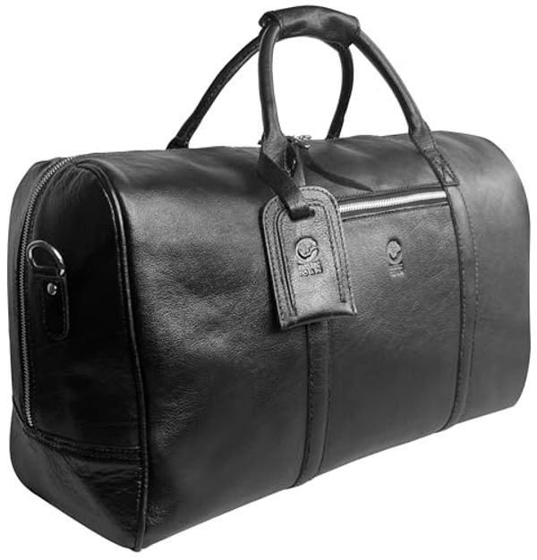 Black leather travel duffel bag packed and ready, sized to fit as an airline personal item under the seat.