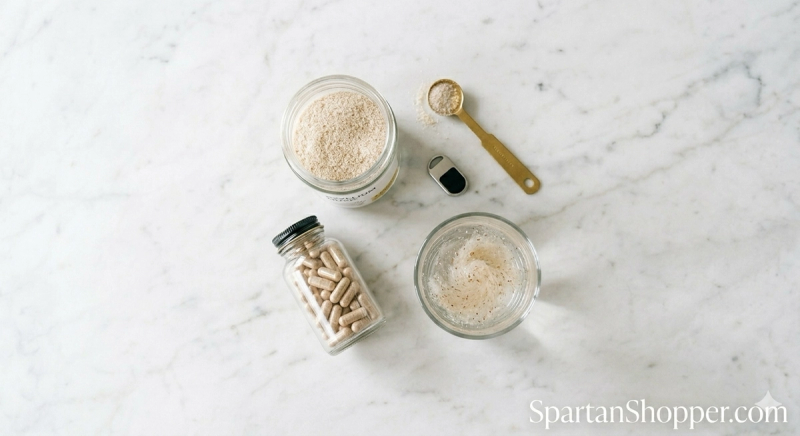 Psyllium husk powder jar, supplement capsule bottle, and glass of water arranged on a white marble surface