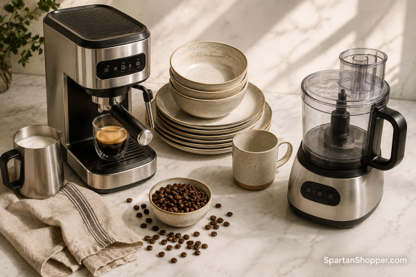 Flat lay on white marble of higher-end kitchen upgrades — compact espresso machine with milk frother, stacked ceramic dinnerware, and a food processor.