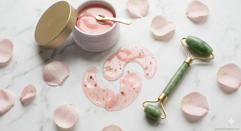 Best Korean hydrogel eye patches of 2026 arranged on white marble — BIODANCE, COSRX, and Abib skincare flat lay