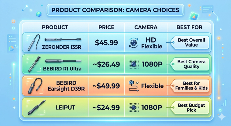 Comparison table of best ear wax removal tools with camera 2026 — ZERONDER, BEBIRD, LEIPUT