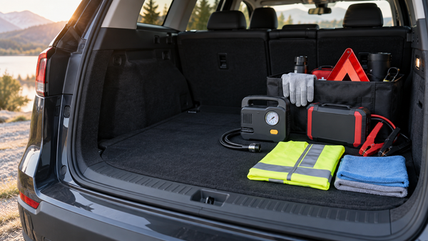 Generic emergency kit supplies arranged in the open cargo area of an SUV.
