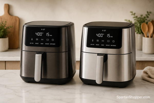 Two 6-quart air fryers side by side on a kitchen counter, illustrating a head-to-head comparison