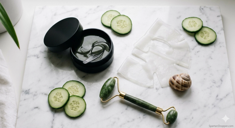 Best snail hydrogel skincare products of 2026 — Korean eye patches and face masks flat lay on white marble with cucumber slices