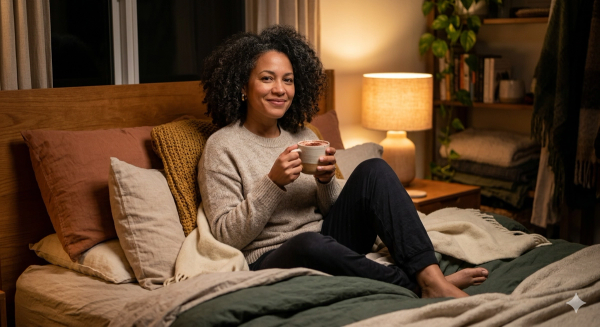 Woman relaxing on bed with warm bedtime cocoa drink — magnesium glycinate for sleep women over 40 guide