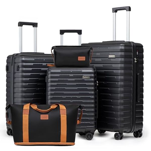 A lineup of hardshell spinner luggage sets and a leather duffel bag, all priced under $150.