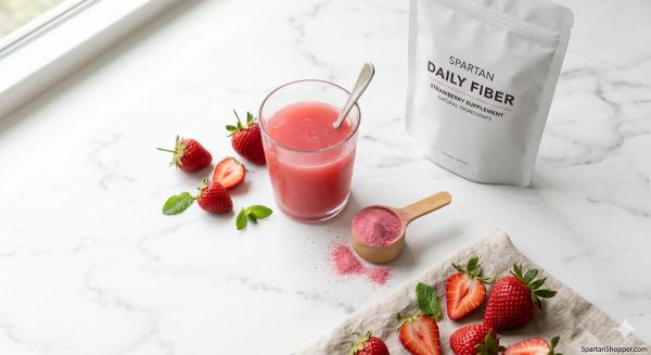 ColonBroom fiber supplement powder in strawberry flavor on white marble with a glass of water