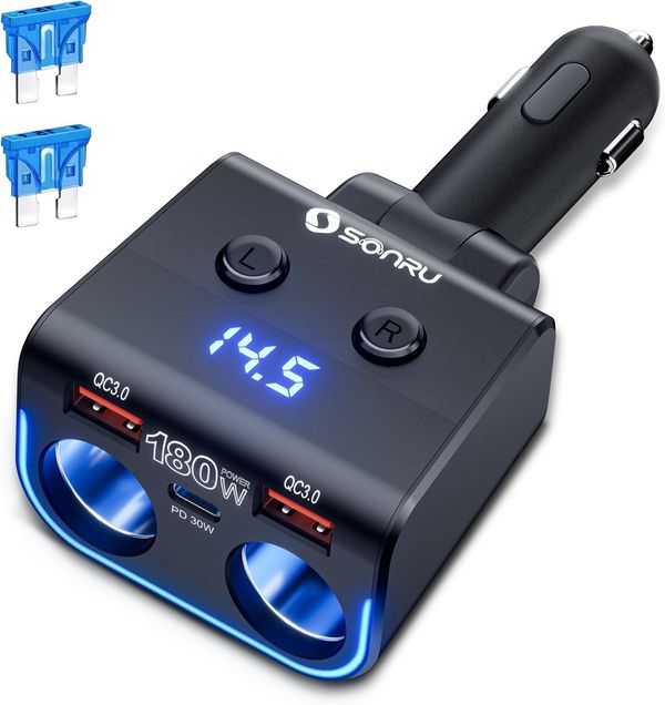 SONRU 180W Car Charger Splitter — 30W PD & Dual QC3.0