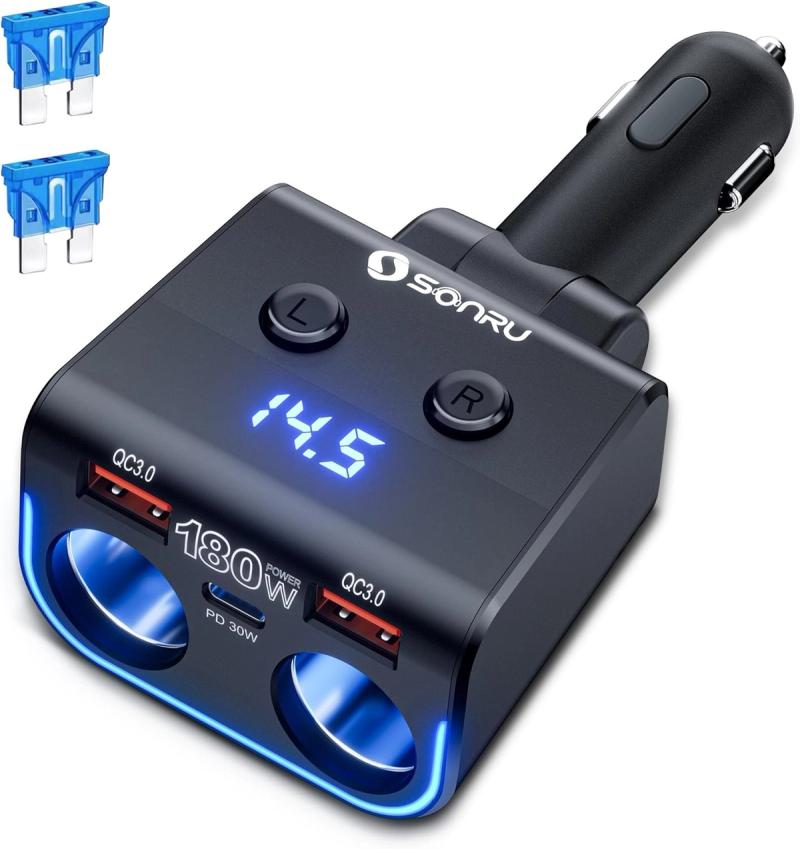 SONRU 180W Car Charger Splitter — 30W PD & Dual QC3.0
