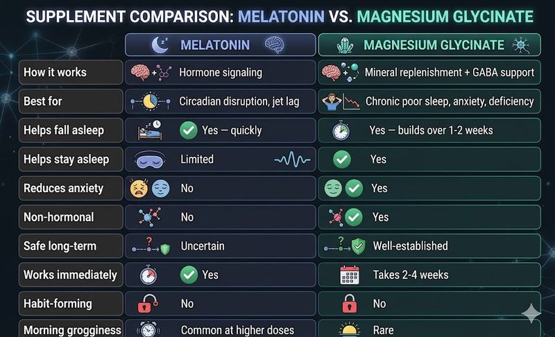 Supplement comparison chart: melatonin vs magnesium glycinate for sleep — how they work, side effects, and which is better long-term