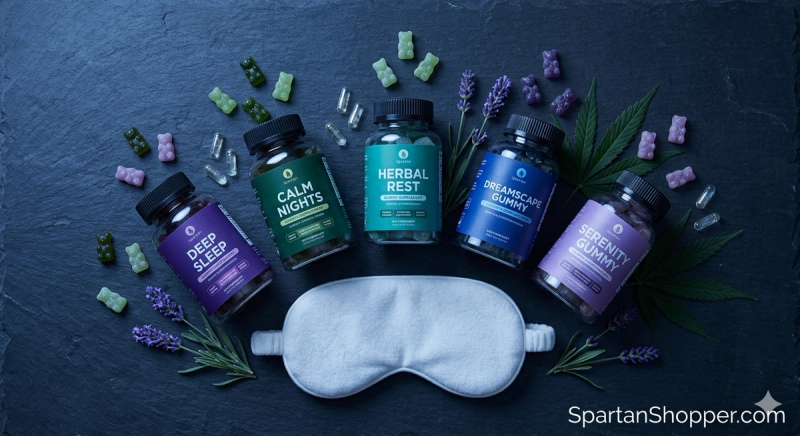 Best CBD and hemp gummies for sleep and stress flat lay on dark slate surface with hemp leaves and lavender sprigs.