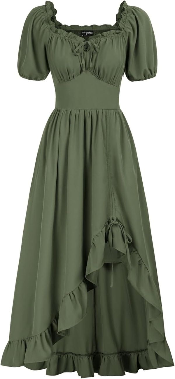 Olive-green Scarlet Darkness milkmaid dress with puff sleeves and an asymmetric ruffled hem