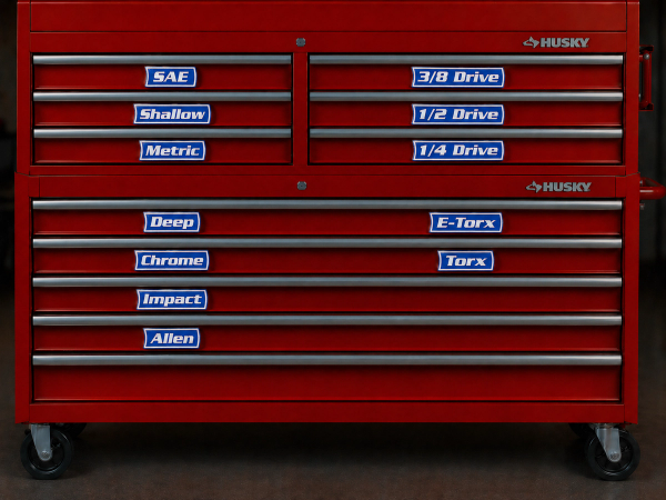 VoltariTek cobalt blue magnetic socket labels on a red Husky tool chest — SAE, metric, deep, and drive sizes