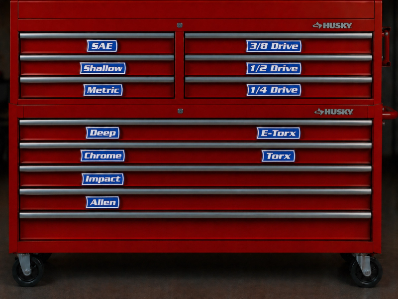 VoltariTek cobalt blue magnetic socket labels on a red Husky tool chest — SAE, metric, deep, and drive sizes