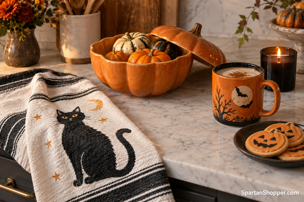 Halloween kitchen decor with a black cat towel, pumpkin bowl, orange mug and candle on a marble counter.