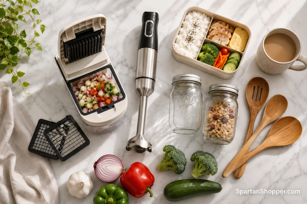 Flat lay on white marble of budget kitchen gear — vegetable chopper, immersion blender, bento lunch box, mason jars, and wooden cooking spoons, all under $25.