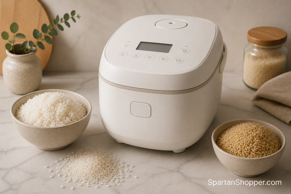 Unbranded white rice cooker on a marble counter beside bowls of white and brown rice