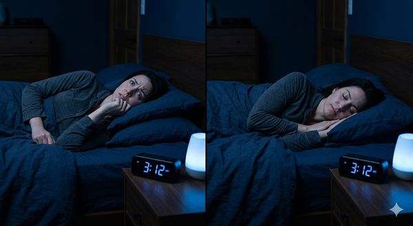 Magnesium glycinate for sleep and anxiety — woman awake with anxiety at 3am versus sleeping peacefully at the same time
