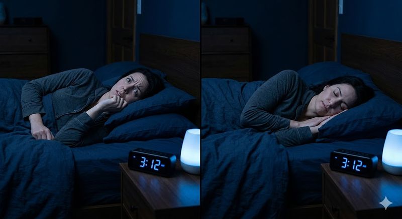 Magnesium glycinate for sleep and anxiety — woman awake with anxiety at 3am versus sleeping peacefully at the same time