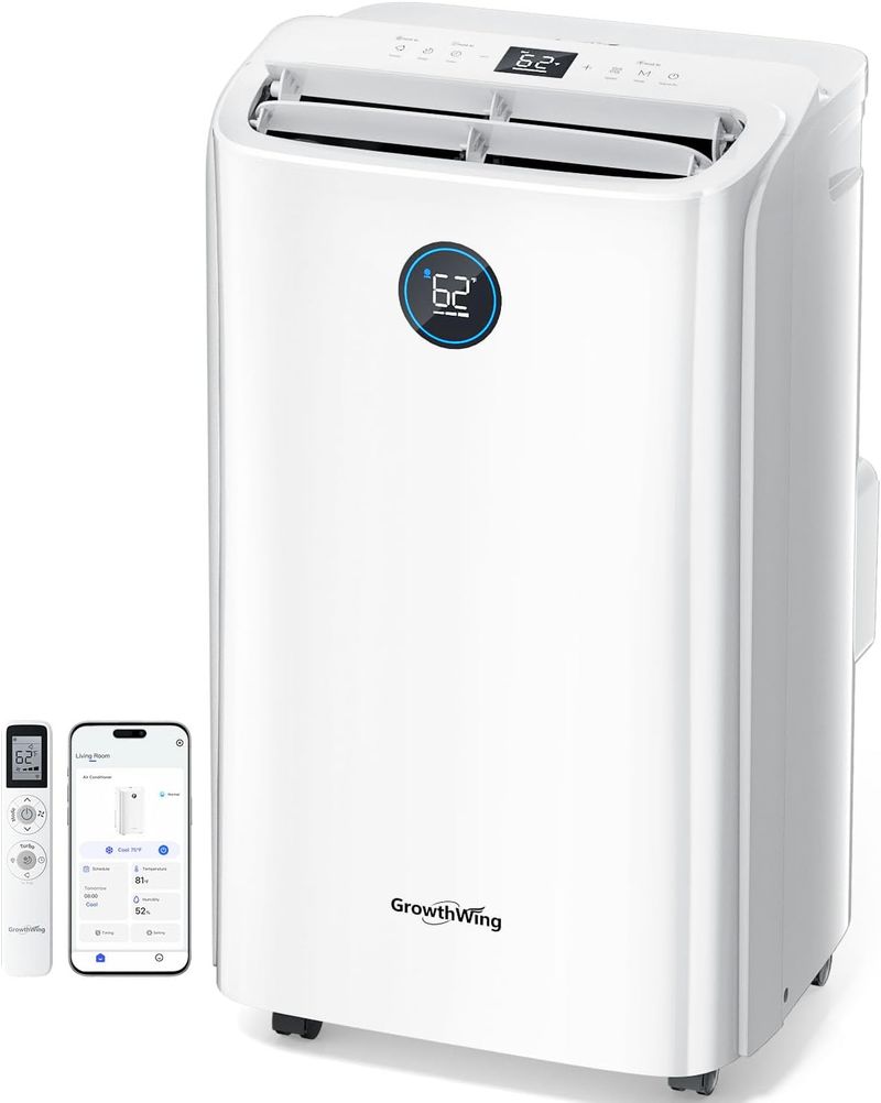 GrowthWing 14,000 BTU smart WiFi portable air conditioner in white.