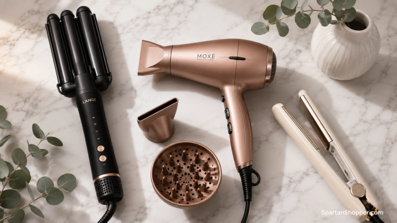 Premium hair styling tools including a multi-styler, hair dryer, and straightener arranged on a white marble surface.