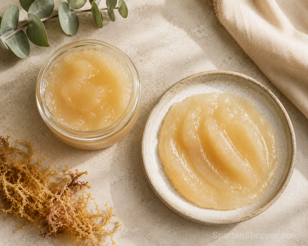 Sea moss gel and a face mask application flat lay, for the sea moss for skin guide
