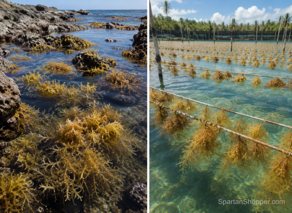Wildcrafted and pool-grown sea moss compared side by side, showing differences in colour and thickness
