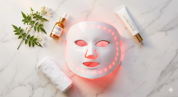 LED light therapy face mask flat lay with serum and skincare products on white marble surface
