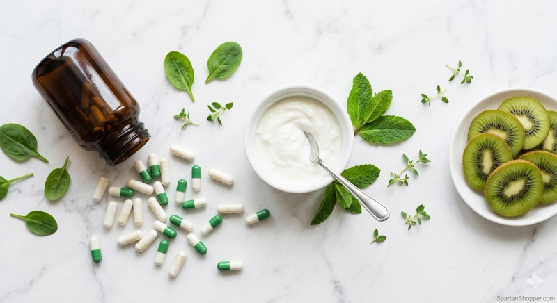 Best probiotics for bloating 2026 — green and white probiotic capsules spilling from amber bottle with yogurt and kiwi on white marble