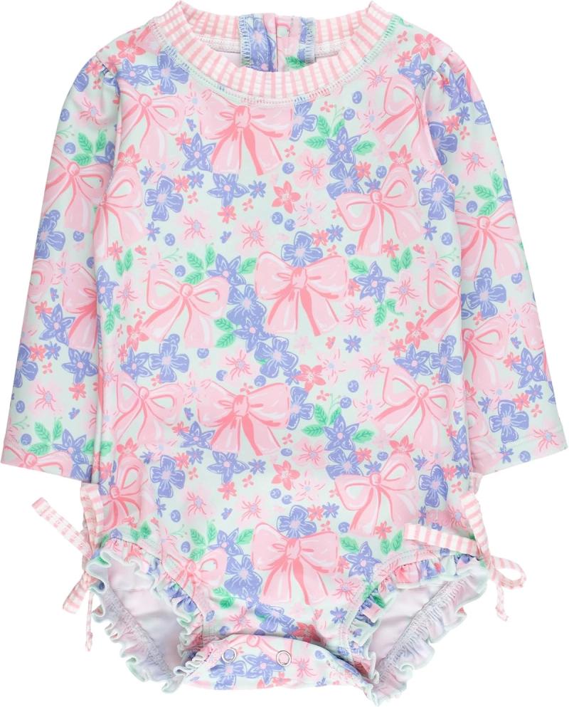 RuffleButts UPF 50+ long-sleeve baby sun-protection swimsuit.