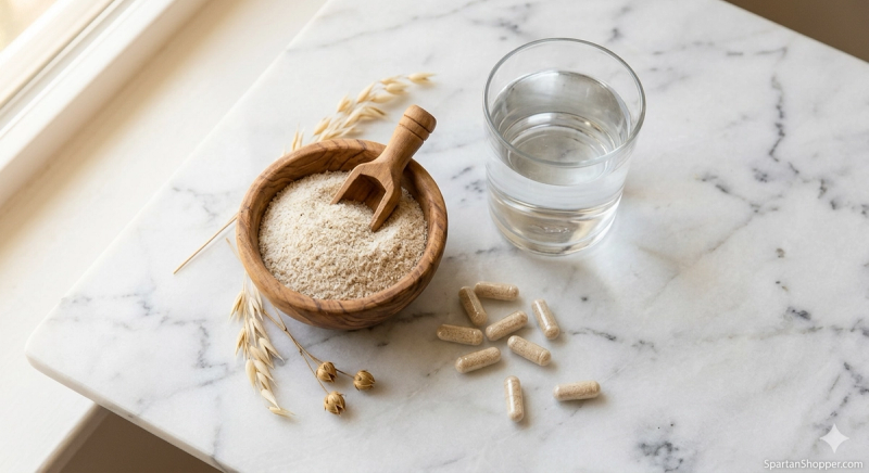 Psyllium husk supplement capsules and powder with a glass of water on white marble