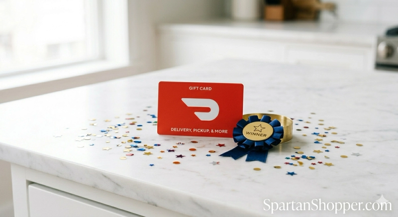 DoorDash gift card on a white marble surface with a winner's trophy for a free sweepstakes giveaway