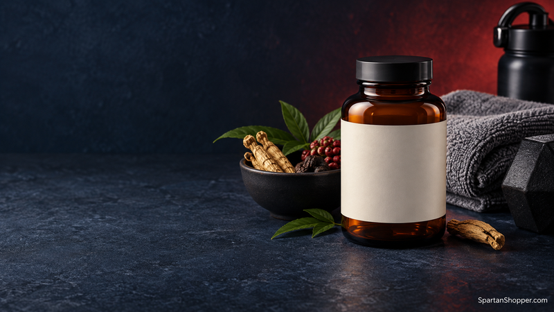 Unbranded amber supplement bottle with botanical ingredients on a navy tabletop.