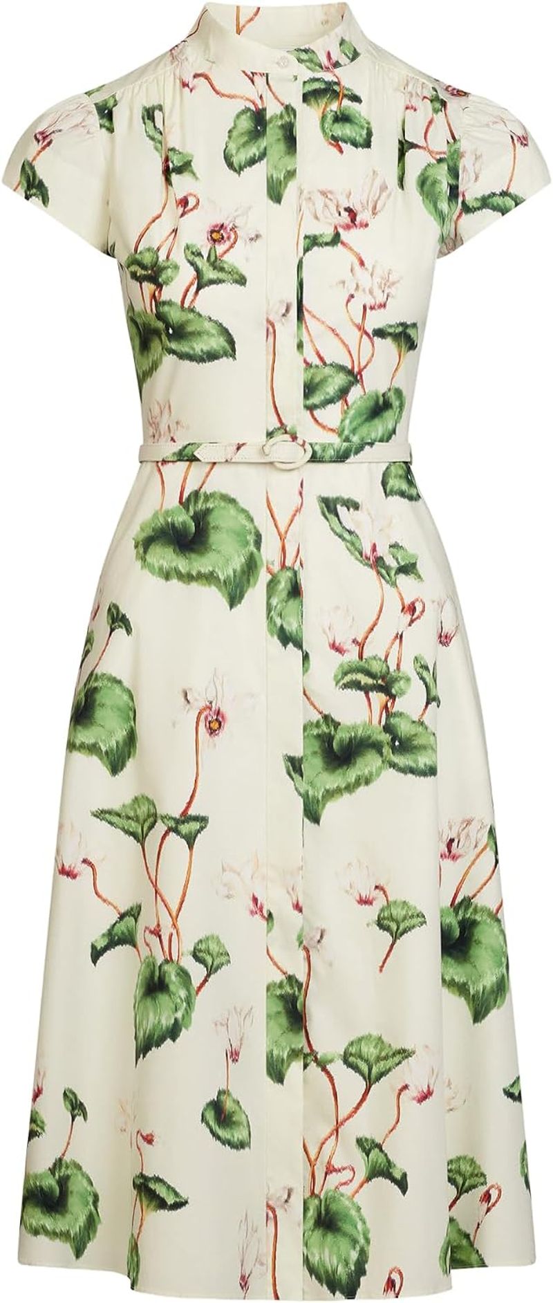 Oscar de la Renta Chiné Cyclamen cotton poplin cap sleeve dress in White/Ivory.