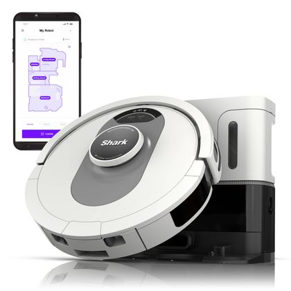 Shark AV2511AE robot vacuum and self-empty base; manufacturer image includes a phone illustrating app control, phone not included