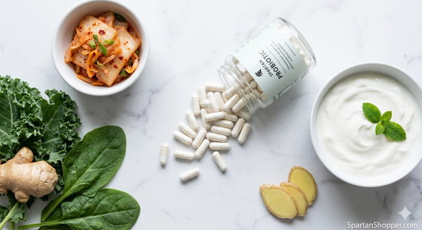 Probiotic capsules and gut health foods including kimchi, yogurt, and ginger on a white marble surface