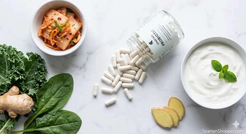 Probiotic capsules and gut health foods including kimchi, yogurt, and ginger on a white marble surface