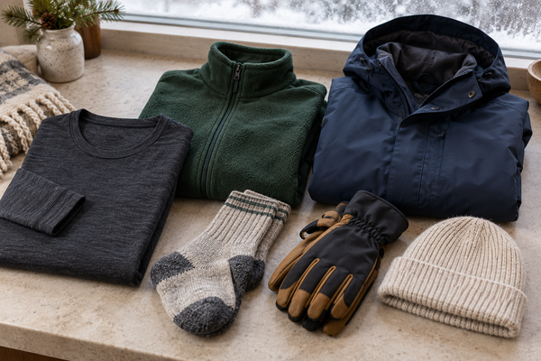 Layered cold-weather clothing with a merino base layer, fleece, shell, socks, gloves, and knit hat